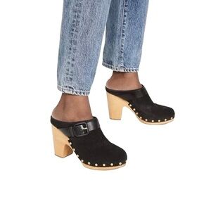 NWOT, Veronica Beard Dacey Black Suede Wooden Platform Clog, Gold Studs, Sz 6.5